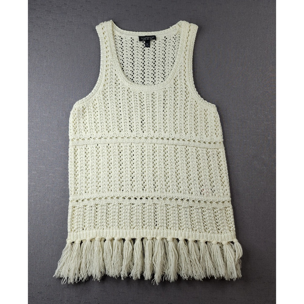 Topshop Ivory Crochet Knit Tank Top Tassel Fringe Boho Festival Sleeveless US 4
